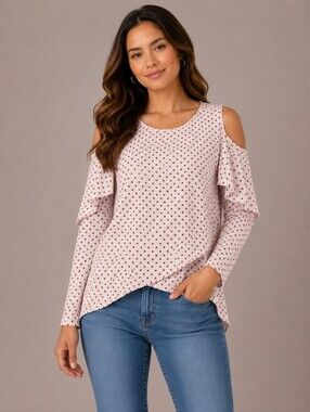 The Outfit Polka Dot Cold Shoulder Blouse Women’s Small White Red Ruffle Top